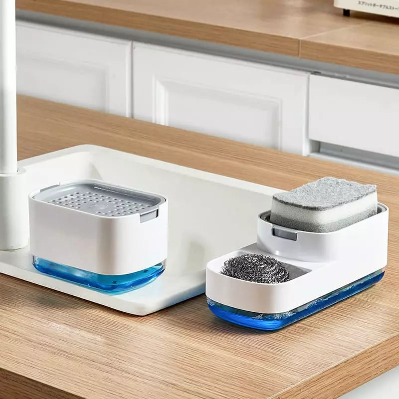 Wasmiddeldispenser en sponshouder voor gootsteen