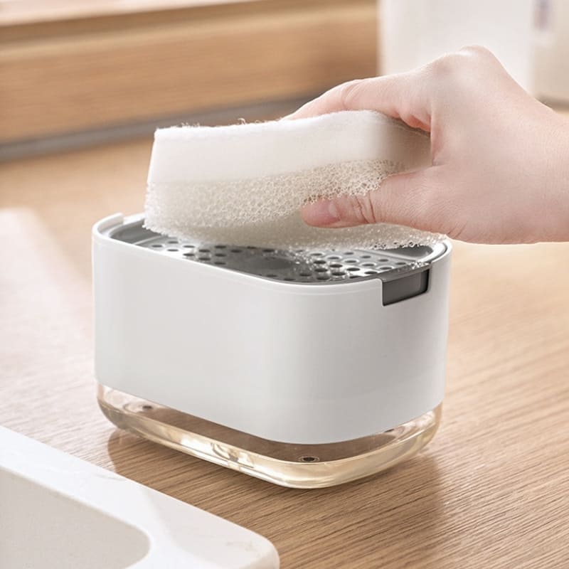 Wasmiddeldispenser en sponshouder voor gootsteen