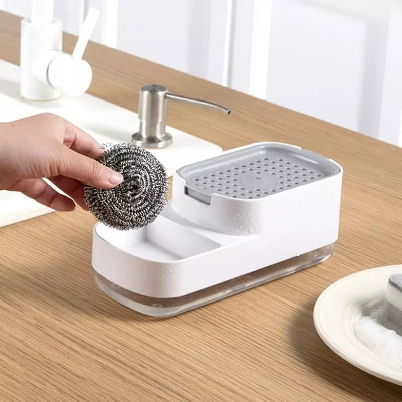 Wasmiddeldispenser en sponshouder voor gootsteen